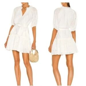 Cleobella Nevah Organic Cotton Eyelet Puff Sleeve Tie Waist Tiered Dress White